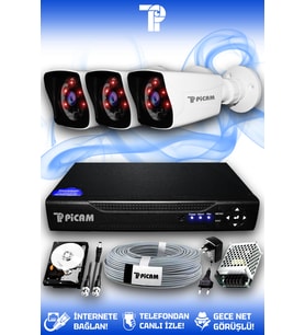 PICAM 3 Kameralı Kare 3 Dış Kamera Set 250 GB HDD Full HD Gece Görüşlü Güvenlik Kamerası Sistemi