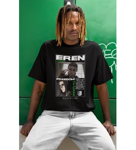 Tasarım Eren Yeager Freedom Tatakae Baskılı Unisex Oversize Anime Dizi Karakter Tişört