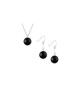 Oniks Taşlı Kadın Gümüş Set Küpe-Kolye Yuvarlak Sallantılı Kanca Model 8 Mm