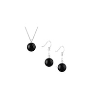 Oniks Taşlı Kadın Gümüş Set Küpe-Kolye Yuvarlak Sallantılı Kanca Model 8 Mm
