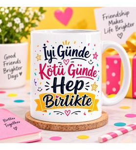 İyi Günde Kötü Günde Hep Birlikte Renkli Baskılı Kupa – Arkadaşlık Hediyesi