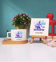 Developer Tasarımlı Kişiye Özel Hediye Developer Ahşap Altlıklı Fincan ve Dekoratif Taş Baskı Hediye Seti