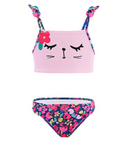Çiçekli Kedi Kız Çocuk Bikini (Pembe-Lacivert)