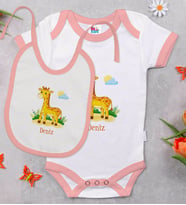 BK Kids Kişiye Özel İsimli Pembe Bebek Body Zıbın ve Mama Önlüğü Hediye Seti-20