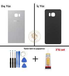 Samsung Galaxy S6 Edge Plus Gümüş Renk Arka Kapak + Tamir Seti + B7000 Yapıştırıcı Arka Cam Batarya Kapağı Pil Kapağı Lazer Kesim Back Cover Galaxy S6 Edge Plus Uyumlu