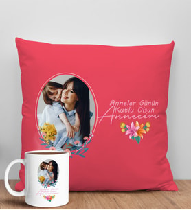 BK Gift Kişiye Özel Fotoğraflı Anneler Günü Tasarımlı Kırmızı Kırlent Yastık ve Kupa Seti, Anneye Hediye, Ev Dekorasyonu, Anneler Günü Hediyesi-1