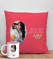 BK Gift Kişiye Özel Fotoğraflı Anneler Günü Tasarımlı Kırmızı Kırlent Yastık ve Kupa Seti, Anneye Hediye, Ev Dekorasyonu, Anneler Günü Hediyesi-1