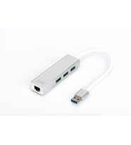 Digitus 3 Port USB 3.0 Hub &amp; USB 3.0 Gigabit Ethernet Adaptörü, 1 x 10/100/1000 RJ45 Dişi Yuva, 1 x USB-A Erkek Konnektör Kablolu 20 cm, 3 x USB 3.0 USB-A Dişi Konnektör, alüminyum, Mac ve Windows destekler