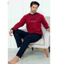 Falkom 7203 Yazılı Nakışlı Polar Kışlık Erkek Pijama Takımı Uyku Takımı (Bordo)