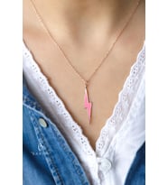 Neon Şimşek Model Mineli 925 Ayar Gümüş Kolye (Pembe)
