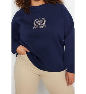 Büyük Beden Oversize Bisiklet Yaka Reglan Kol Kalın İçi Polarlı Nakış Detaylı Örme Sweatshirt