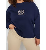 Büyük Beden Oversize Bisiklet Yaka Reglan Kol Kalın İçi Polarlı Nakış Detaylı Örme Sweatshirt