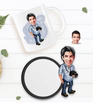 BK Gift Kişiye Özel Erkek Fotoğrafçı Karikatürlü Beyaz Kupa ve Ahşap Bardak Altlığı Hediye Seti-1