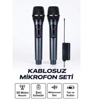 Profesyonel Çiftli Kablosuz Mikrofon Seti Karaoke Şarj Edilebilir 50 Metre