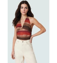 Vücuda Oturan Boyundan Bağlamalı Crop Bluz Polyester Elastan Sandy Dokuma Yüksek Kalite