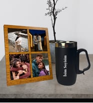 Kişiye Özel Premium  Termos Bardak Ve Fotoğraflı Dört Resimli Siyah Kolaj Masaüstü Fotoğraf Ahşap Çerçeve