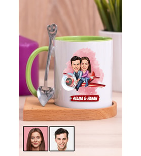 Çiftlere Özel Hediye Uçak Temalı Karikatürlü Ahşap Altlıklı Yeşil Kupa Bardak