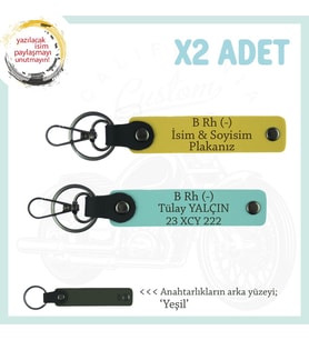 Motor Severlere İsim Plaka ve B Rh (-) Kan Grubu Yazılı Özel Tasarım x2 Anahtarlık, Sarı-Turkuaz-Ysl (Çok Renkli)