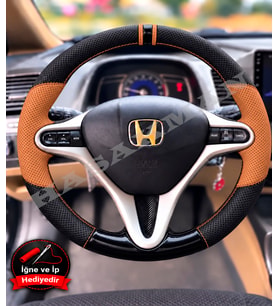 Honda Civic FD6 Dikme Direksiyon Kılıfı Delikli Deri Parlak Siyah Taba Detay Çift Yüzük ve Dikiş 2006-2012