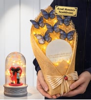 Size Özel Led Işıklı Aynalı Mavi Kelebek Buketi ve Led Işıklı Biblolu Fanus (Model 4)