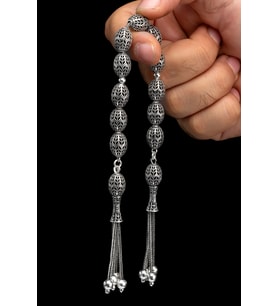 Sertifikalı Erkek Gümüş Tespih 10x13.5mm 29Gr Arpa Kesim Gümüş Zaza Tesbih (405)