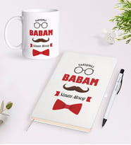 BK Gift Kişiye Özel Yakışıklı Babam Tasarımlı Beyaz Defter Kalem Kupa Seti - Model 1