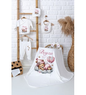 Pia Baby Premium %100 Pamuk İsim Baskılı Battaniyeli Zıbın Set Yenidoğan Kız Bebek Hediyelik 5026-04 (Ekru)