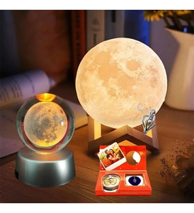 Kişiye Özel Fotoğraflı İstiridye İnci Kolye Seti - 3D Ay Lambası ve Işıklı Cam Küre Hediye Seti