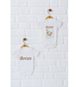 Pia Baby Premium %100 Pamuk İsme Özel Organik Baskılı İkili Set Çıtçıtlı Bebek Body Zıbın Modelleri 5030-17 (Ekru)