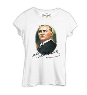 Atatürk Ve İmza Beyaz Kadın Tshirt