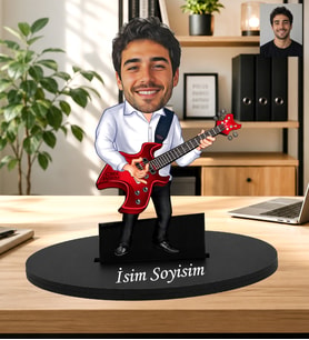 Kişiye Özel Gitarist Karikatür Biblo – Fotoğraflı Müzisyen Figürü Elektro Gitarist Karikatürlü Ahşap Biblo – Müzisyenlere Özel Masaüstü İsimlik Özel Müzisyen ve Gitarist Karikatür Biblo