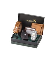 Polo Air Klasik Erkek Kol Saati Kemer Cüzdan Kartlık Parfüm Kombin Taba Set Gümüş Renk PL-7091E6