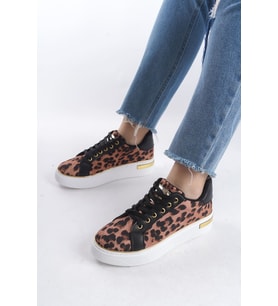 MINA Bağcıklı Ortopedik Taban Leopar Desenli Kadın Sneaker Spor Ayakkabı  TBT - Kahverengi