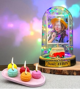 Size Özel Renkli Led Işıklı Fanus ve Kokulu Makaron Mum Hediye Seti (Model 2)
