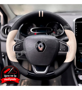 Renault Clio 4 Dikme Direksiyon Kılıfı Delikli Deri Parlak Siyah Bej Detay Çift Yüzük ve Dikiş 2012-2019