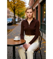 Kadın Moda Şık Crop Polo Yaka Slim Crop Fermuarlı Triko Hırka
