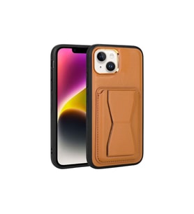 Apple iPhone 14 Uyumlu Kılıf Kartlıklı Standlı Pu Deri Zore Memo Kapak (Açık Kahve)