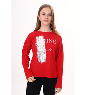 Toontoy Kız Çocuk Sweatshirt Shine Varak Baskılı (Kırmızı)