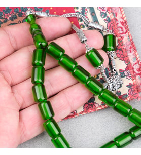 Ateş Kehribar Alpaka Püsküllü Kapsül Kesim 9x12mm Tesbih - Şeffaf Yeşil