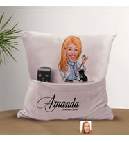 BK Gift Kişiye Özel Veteriner Karikatür Tasarımlı Organizer Kumanda ve Atıştırmalık Cepli Pembe Kırlent Yastık-1 Arkadaşa Hediye, Cepli Yastık