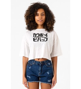 Cowboy Bebop Retro Letter Logo Beyaz Kırçıllı Kadın Crop Tshirt