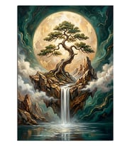 Dolunaylı Şelaleli Bonsai Ağaç Adası Dekoratif Kanvas - Mdf Ahşap Tablo