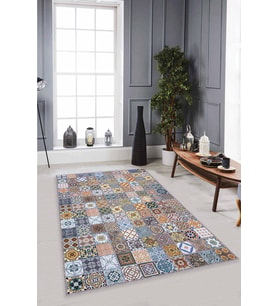 Mavi Çini Desen Kaymaz Taban Makinede Yıkanabilir Halı MX03 - 100 x 160 cm