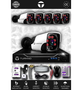 TURKNO 6 Kameralı Pania 6 Dış Kamera Set 500 GB HDD Full HD Gece Görüşlü Güvenlik Kamerası Sistemi