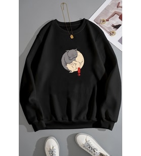 Unisex Shinobi Kedi Bisiklet Yaka Sweatshirt (Siyah)