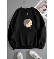 Unisex Shinobi Kedi Bisiklet Yaka Sweatshirt (Siyah)