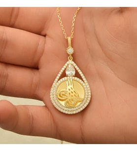 Gold Tuğralı Zirkon Taşlı 925 Ayar Gümüş Kadın Kolye