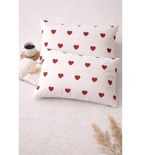 More Home Pamuklu Yastık Kılıfı (2 Adet) 50 x 70 cm Kalp Desenli  Beyaz Kırmızı