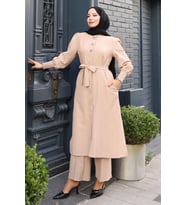 Düğme Detaylı Kuşaklı Takım Bej 19291