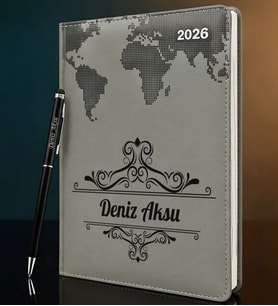 BK Gift Kişiye Özel İsimli Termo Sert Kapak 2026 Gri Ajanda & Kalem -2, Öğretmenler Günü Hediyesi, Yeni İş Hediyesi